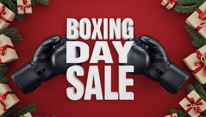 Promotional graphic for a seasonal shopping event with boxing gloves, gift boxes, and pine boughs arranged on a vibrant red background