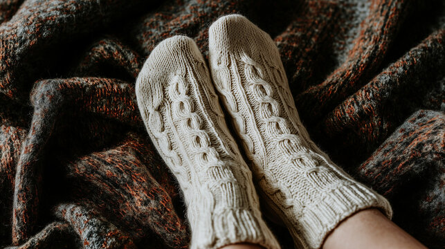 Cozy winter scene featuring warm knitted socks on a textured blanket, evoking feelings of comfort and holiday spirit.