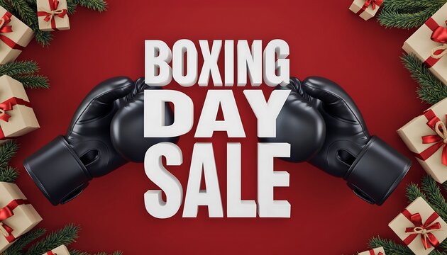 Promotional graphic for a seasonal shopping event with boxing gloves, gift boxes, and pine boughs arranged on a vibrant red background