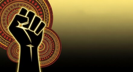 Empowered fist rising with vibrant circular patterns on gold, symbolizing strength and unity, perfect for social justice campaigns and powerful movements