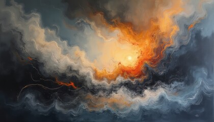 Dynamic abstract painting of swirling clouds and a radiant sun