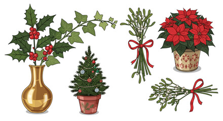 Naklejka premium Illustration of christmas decorations including poinsettia mistletoe and holly