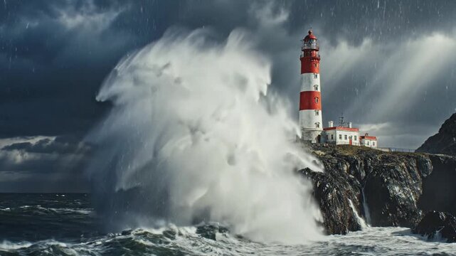 Stormy lighthouse on rocky cliffs