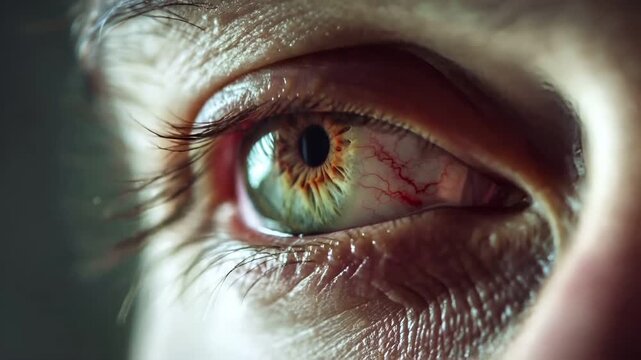Allergy. A closeup of a human eye, showcasing intricate details of the iris and pupil. The eye is the central focus, with a vivid green iris surrounded by a mix of red and brown iris.