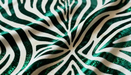 Obraz premium A close-up of vibrant green and white fabric featuring a bold zebra-like pattern, showcasing texture and sheen.