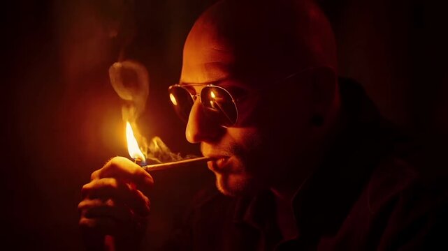 . A man in sunglasses lighting a cigarette with a lit match. The scene is bathed in a warm, orange glow, creating a dramatic atmosphere. The mans face is partially obscured by the smoke.