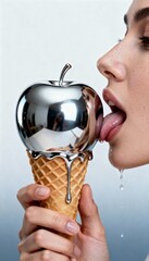 A woman licks a shiny, metallic apple resting on an ice cream cone, merging food and art in a striking visual metaphor.