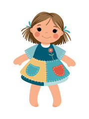 Cute cartoon vector of a doll-like child with brown bobbed hair, blue ribbons, rosy cheeks, and a patchwork dress with pockets, drawn in a soft, friendly style on transparent background.