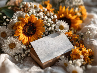 a bouquet of yellow flowers, including sunflowers and baby's breath, scattered on a soft, light-colored surface. There is also a small, square, textured object with a white label on it