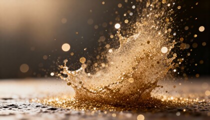 A close-up of a golden splash, capturing shimmering droplets and a textured surface, creating a mesmerizing and dynamic visual effect.
