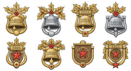 Illustration of eight door knockers decorated with holly and the year of twenty twenty six
