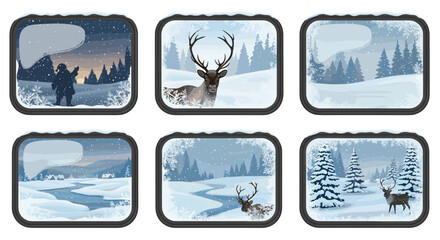 Six winter scenes with reindeer and snow covered trees in window frame designs