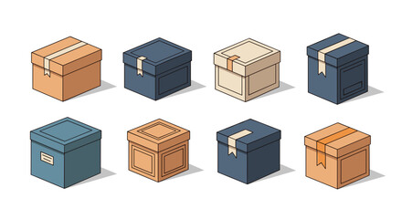 Isometric view of a collection of eight closed boxes with different colors and tapes