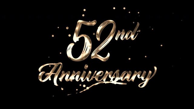 52nd anniversary text animation in golden metallic effect. suitable for celebrating special occasions, invitations, anniversary cards and social media. Includes alpha channel for any background.