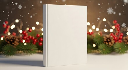 A blank white book sits ready for a personalized cover design amidst a festive holiday arrangement of pine cones and holly berries.