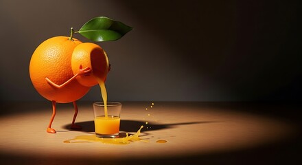Photo of an orange character pouring juice into a glass, creating a whimsical and playful scene with a spotlight effect on a dark background, adding a touch of humor