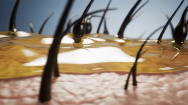 Close Up Macro View of Damaged Hair Follicles Underneath Scalp Layer with Yellow Oily Substance and Blue Sky Background