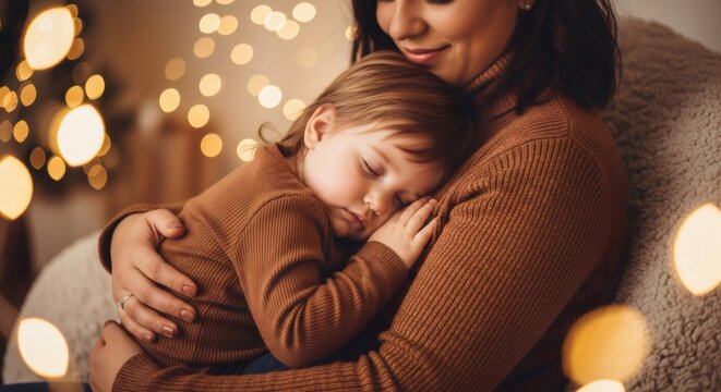Woman holding a sleeping child in her arms at home. Mother and toddler bonding time with bokeh lights for holiday season. - Powered by Adobe