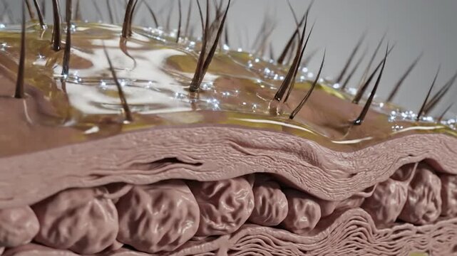Close Up Macro View Of Damaged Human Scalp Cross Section With Dry Brittle Hairs and Oil Droplets Illuminated by Soft Studio Lighting - Powered by Adobe