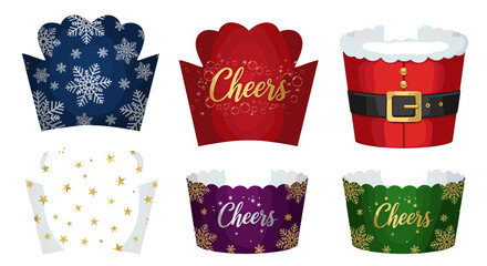 A collection of festive cupcake wrappers featuring holiday themed designs shown here