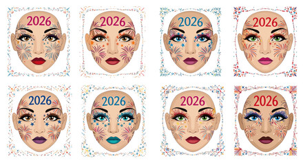 Faces decorated with fireworks and the year twenty twenty six in decorative frames