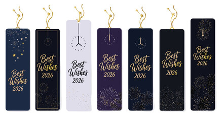 Collection of new year bookmarks with best wishes and clocks on various colors
