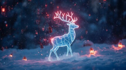 Vibrant surreal reindeer figure infused with luminous lantern glow and floating crystalline snowflakes