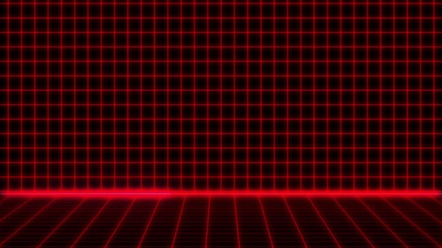 Red abstract grid futuristic background, Retro digital floor and wall glow animation for tech visuals
