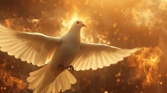 White dove flying with spread wings over golden light and fiery bokeh. Christian symbol of peace and holy spirit for religious art.