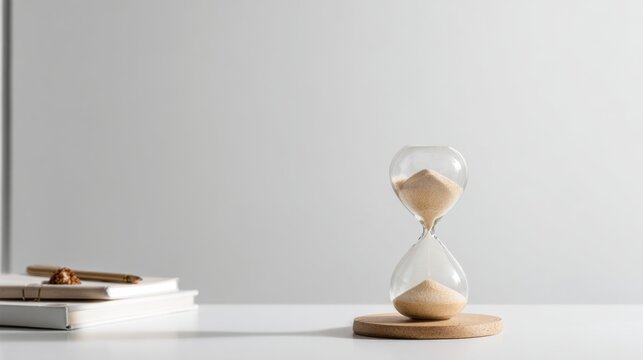 Elegant hourglass on minimalistic table with notebooks and pen, symbolizing time management and productivity in a serene workspace atmosphere