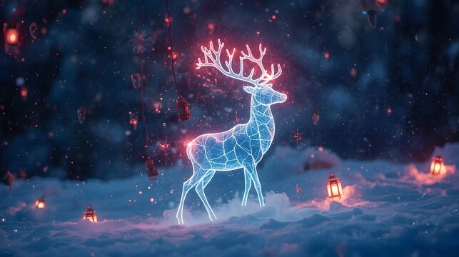 Vibrant surreal reindeer figure infused with luminous lantern glow and floating crystalline snowflakes
