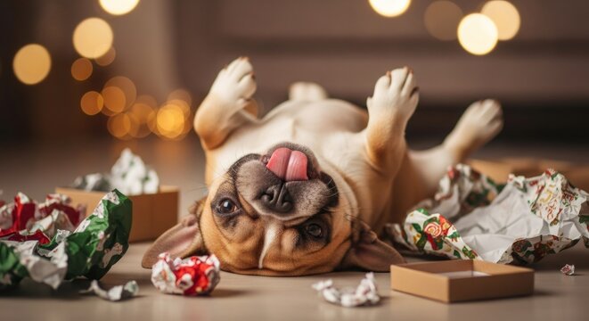 Dog lying on floor showing tongue after opening Christmas present. Happy pet behavior for holiday season. Puppy celebrating holiday.