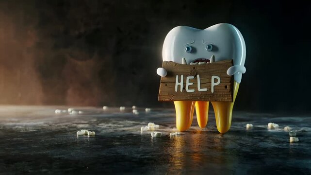 Tooth dental health concept. A 3D rendered tooth character holding a sign that reads HELP. The tooth character has a distressed expression, with its teeth showing signs of decay and decay.