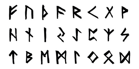 Set of hand drawn viking runes Ancient scandinavian futhark germanic celtic alphabet clipart in doodle style Single element for print, web, design, decor