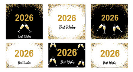 Collection of new year cards featuring gold lettering and champagne glasses design