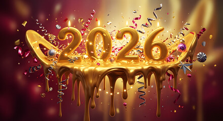 Golden 2026 numbers melting like candles amidst vibrant confetti and festive decorations for a New Year celebration