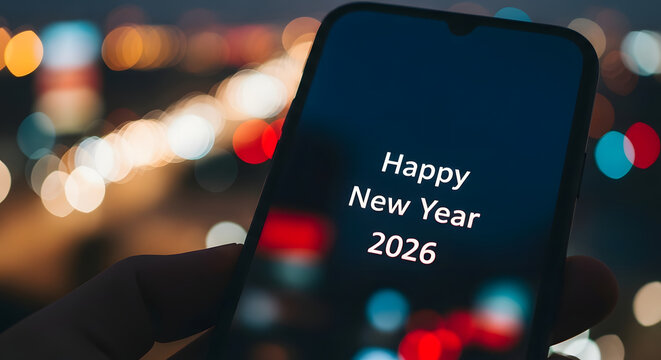 Happy New Year 2026 Smartphone Greeting in City Lights