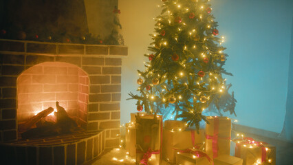 Festive Glowing Christmas Tree With Presents Gift Boxes Under It