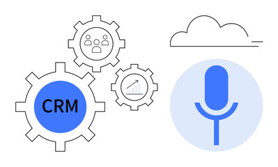 CRM gears coordinate customer analytics, graph, and team icons. Microphone and cloud emphasize communication, collaboration, and digital solutions. Ideal for technology, business, data CRM