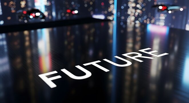 Futuristic cityscape with flying drones and the word future displayed prominently