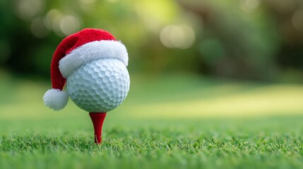 Fototapeta na wymiar Festive golf: A golf ball wearing a Santa hat rests on a red tee amidst lush green grass, blending the spirit of the holidays with the love of the game. Holiday cheer on the golf course!