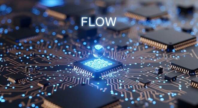 Futuristic circuit board with glowing center representing data flow and technological advancement