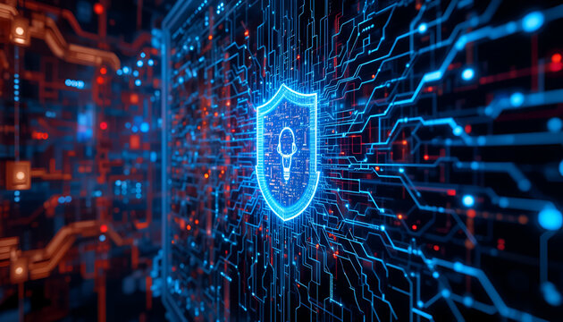 Glowing blue shield with lightbulb on a circuit board representing data security and cyber protection
