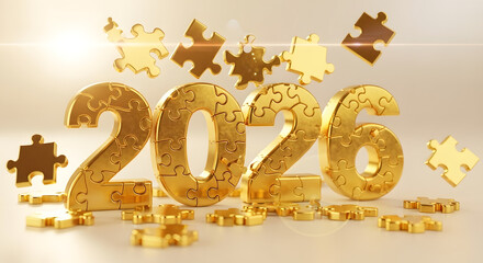 Golden 2026 year numbers composed of intricate puzzle pieces symbolizing future solutions and new beginnings