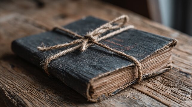 Antique book bound with twine resting on weathered wooden surface, its aged pages whispering tales of times gone by, evoking a sense of nostalgia and timelessness.