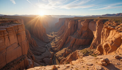 Aerial view of canyon with sun shining in the distance
