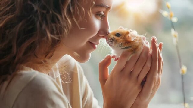 A closeup of a womans face and hand holding a small hamster. The womans lips are slightly parted, and she appears to be gently kissing the hamster on the cheek.