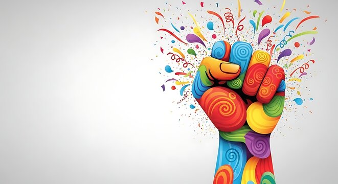 Dynamic colorful fist rising against oppression, celebrating freedom with burst of confetti, a symbol of unity and strength for social justice movements
