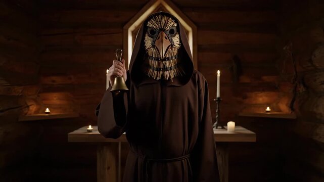 Person in bird mask and brown robe ringing bell for pagan winter ritual by candlelight in wooden temple, footage.