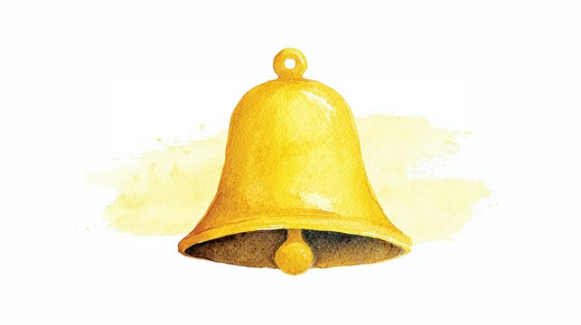 Watercolor painting of a golden bell, symbolizing celebration, notification, or a call to attention, rendered in soft hues against a white backdrop.